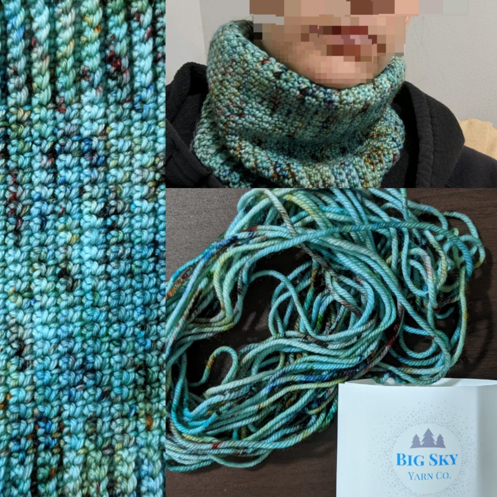 Collage of turquose yarn and cowl