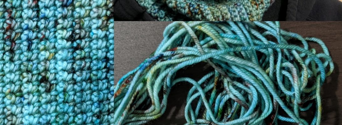 Collage of turquose yarn and cowl